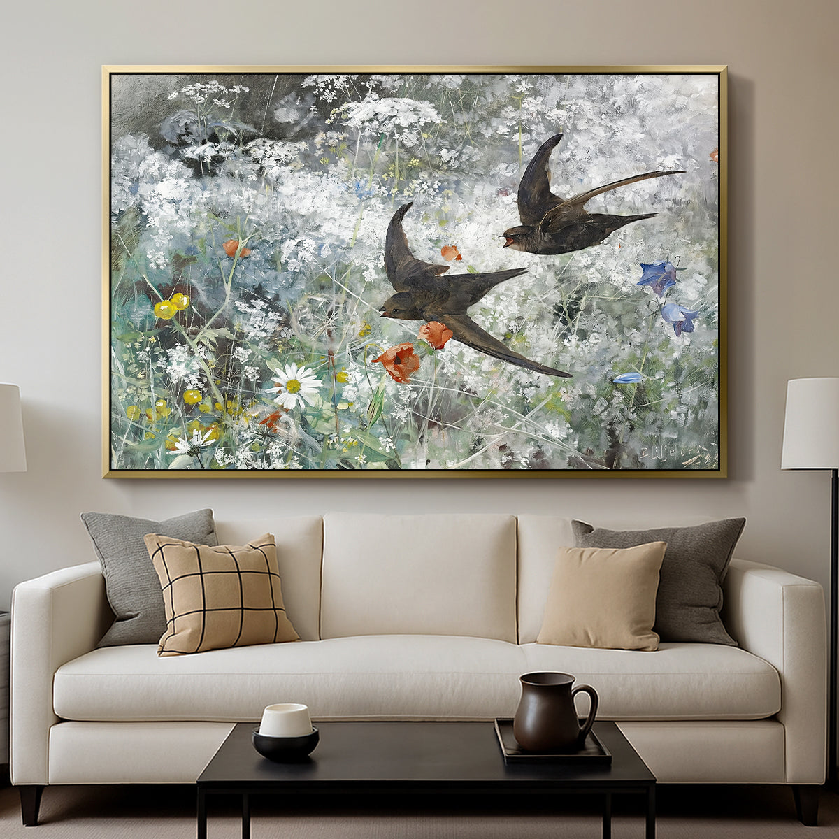 Common Swifts, 1886 by Bruno Liljefors displayed in a gold floater framed canvas above a sofa in a clean living room.