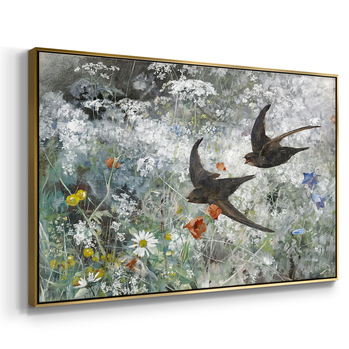 Angled view of Common Swifts, 1886 by Bruno Liljefors in a gold floater framed canvas.