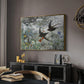 Common Swifts, 1886 by Bruno Liljefors in a gold floater framed canvas featuring a multiple birds flying together in natural outdoor scene, displayed above a desk in a dark home office interior.