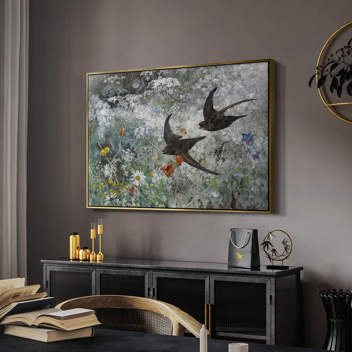 Common Swifts, 1886 by Bruno Liljefors in a gold floater framed canvas featuring a multiple birds flying together in natural outdoor scene, displayed above a desk in a dark home office interior.