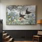 Gold floater framed canvas featuring an impressionist wildlife scene capturing birds in motion, displayed in a hallway near a staircase.