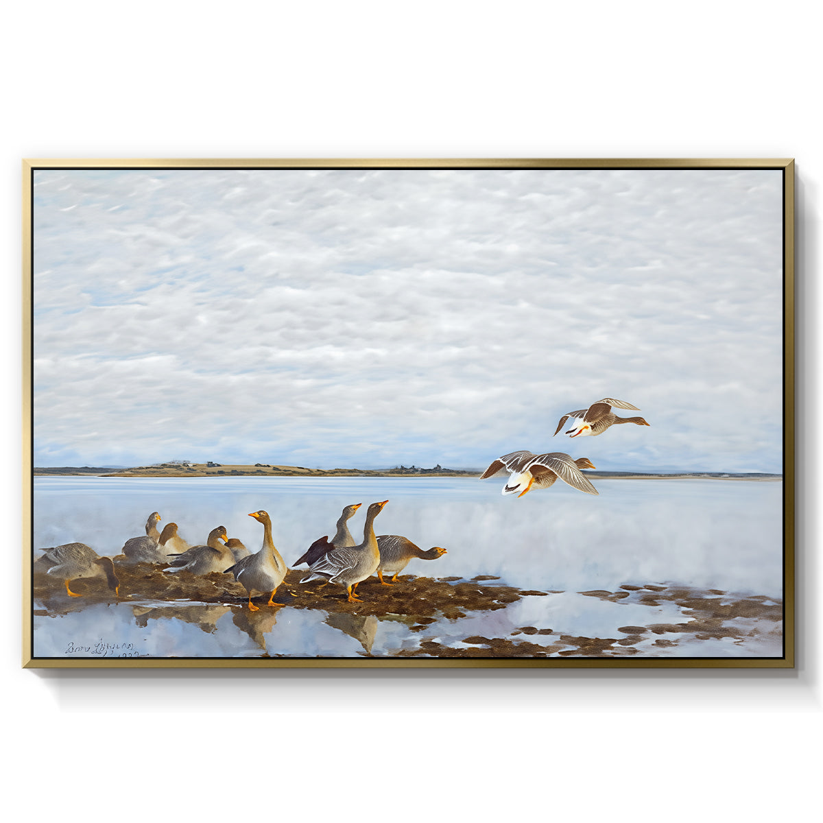 Greylag Geese (Grågäss), 1922 by Bruno Liljefors in a gold floater framed canvas wall art display.