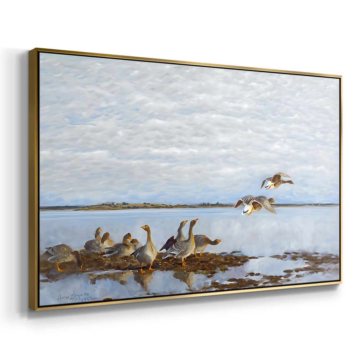 Angled view of Greylag Geese (Grågäss), 1922 by Bruno Liljefors in a gold floater framed canvas.