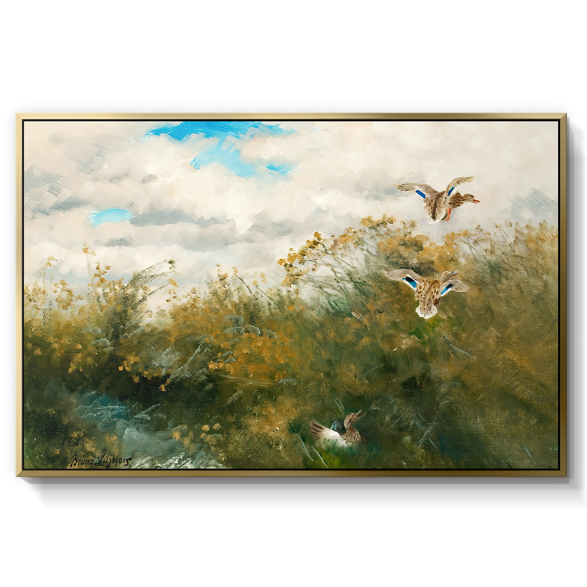 Wild Ducks (Grasänder), 1890 by Bruno Liljefors in a gold floater framed canvas wall art display.