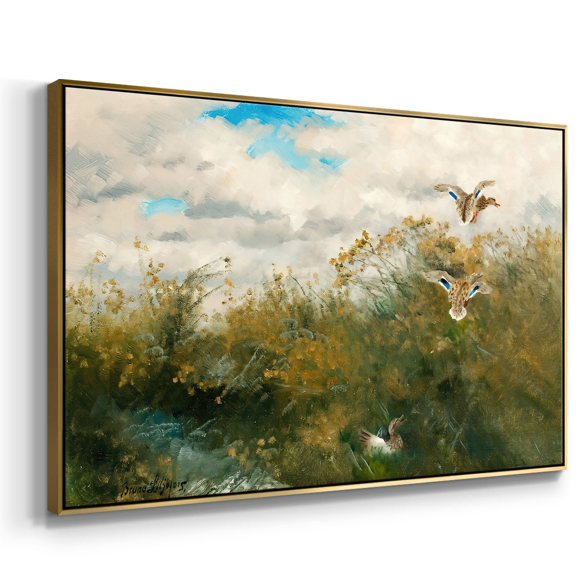 Angled view of Wild Ducks (Grasänder), 1890 by Bruno Liljefors in a gold floater framed canvas.