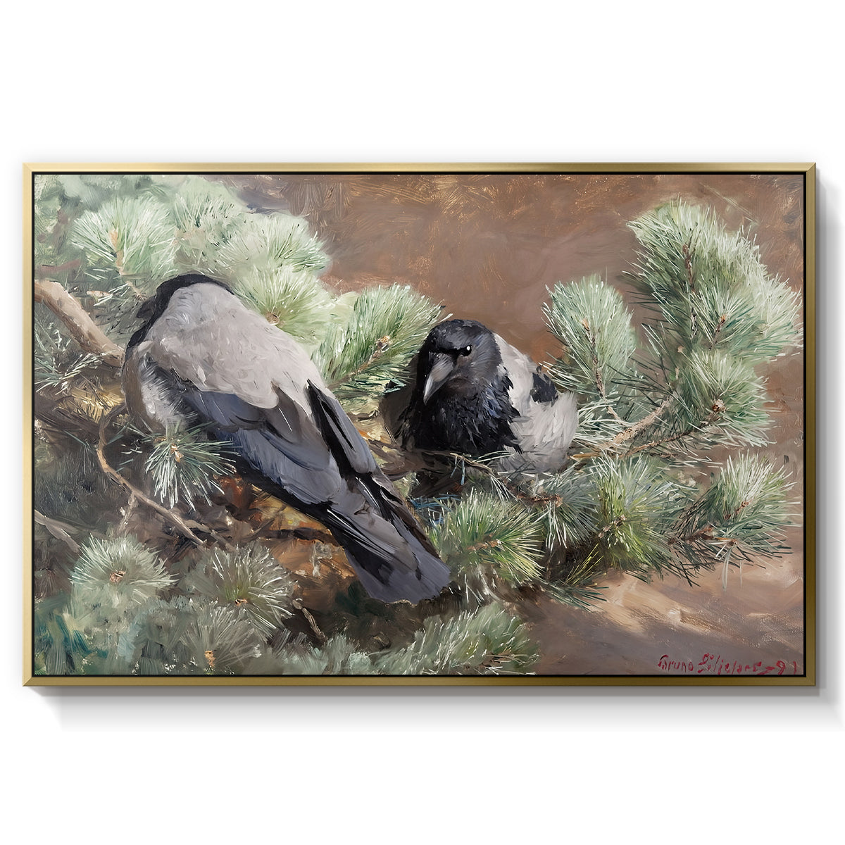 Hooded Crows (Kråkor), 1891 by Bruno Liljefors in a gold floater framed canvas wall art display.