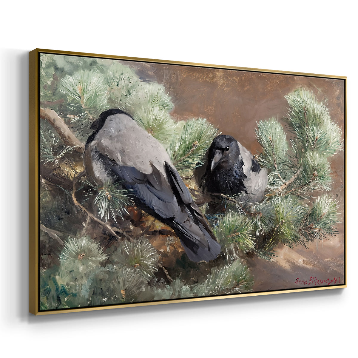 Angled view of Hooded Crows (Kråkor), 1891 by Bruno Liljefors in a gold floater framed canvas.