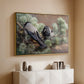 Gold floater framed canvas of Hooded Crows (Kråkor), 1891 by Bruno Liljefors, featuring birds standing alert in natural field environment above a console cabinet in a minimalist entryway.