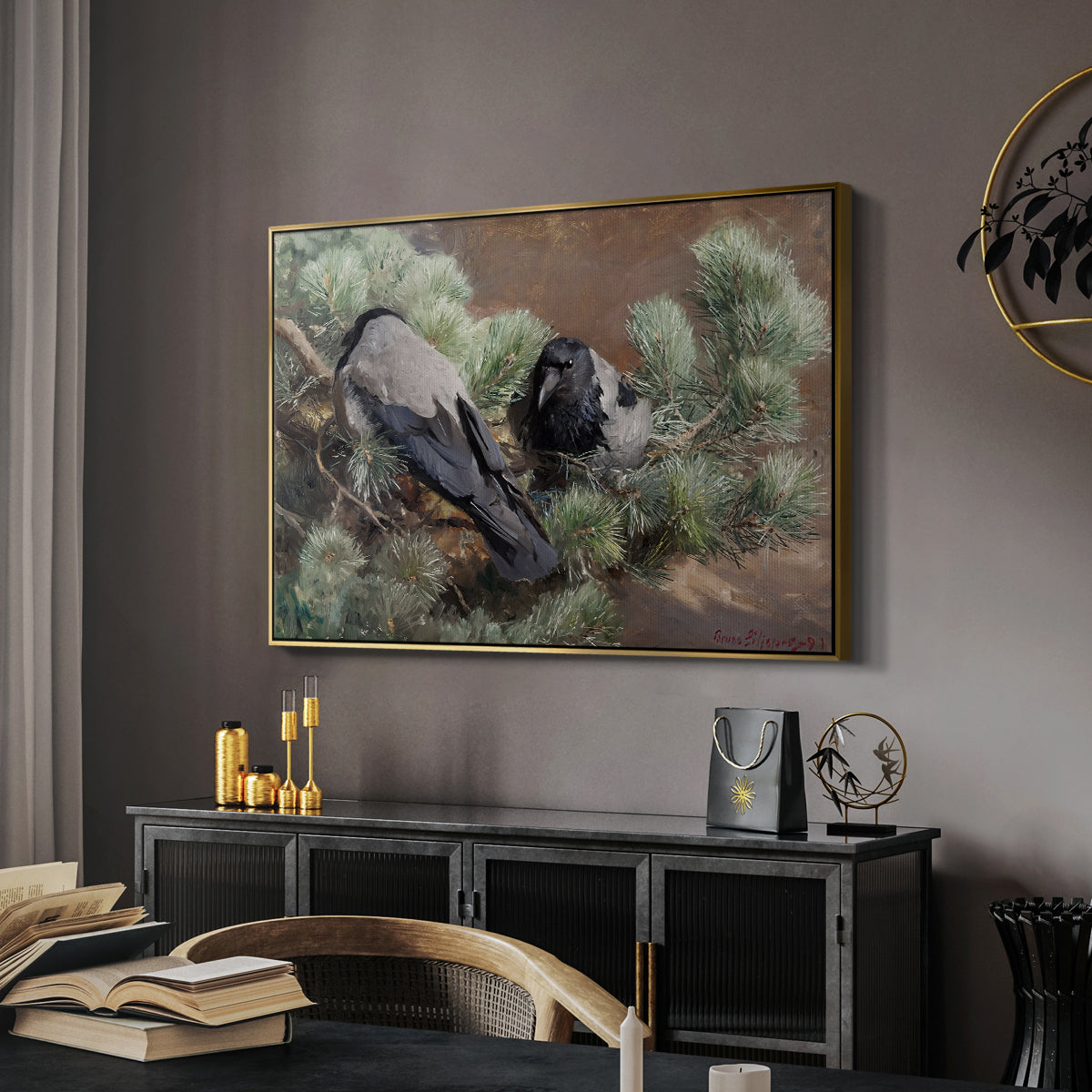Hooded Crows (Kråkor), 1891 by Bruno Liljefors in a gold floater framed canvas featuring a realistic scene of crows interacting on grassy terrain, displayed above a desk in a dark home office interior.