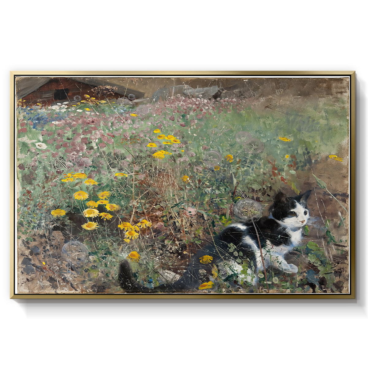 Cat on a Flowery Meadow, 1887 by Bruno Liljefors in a gold floater framed canvas wall art display.