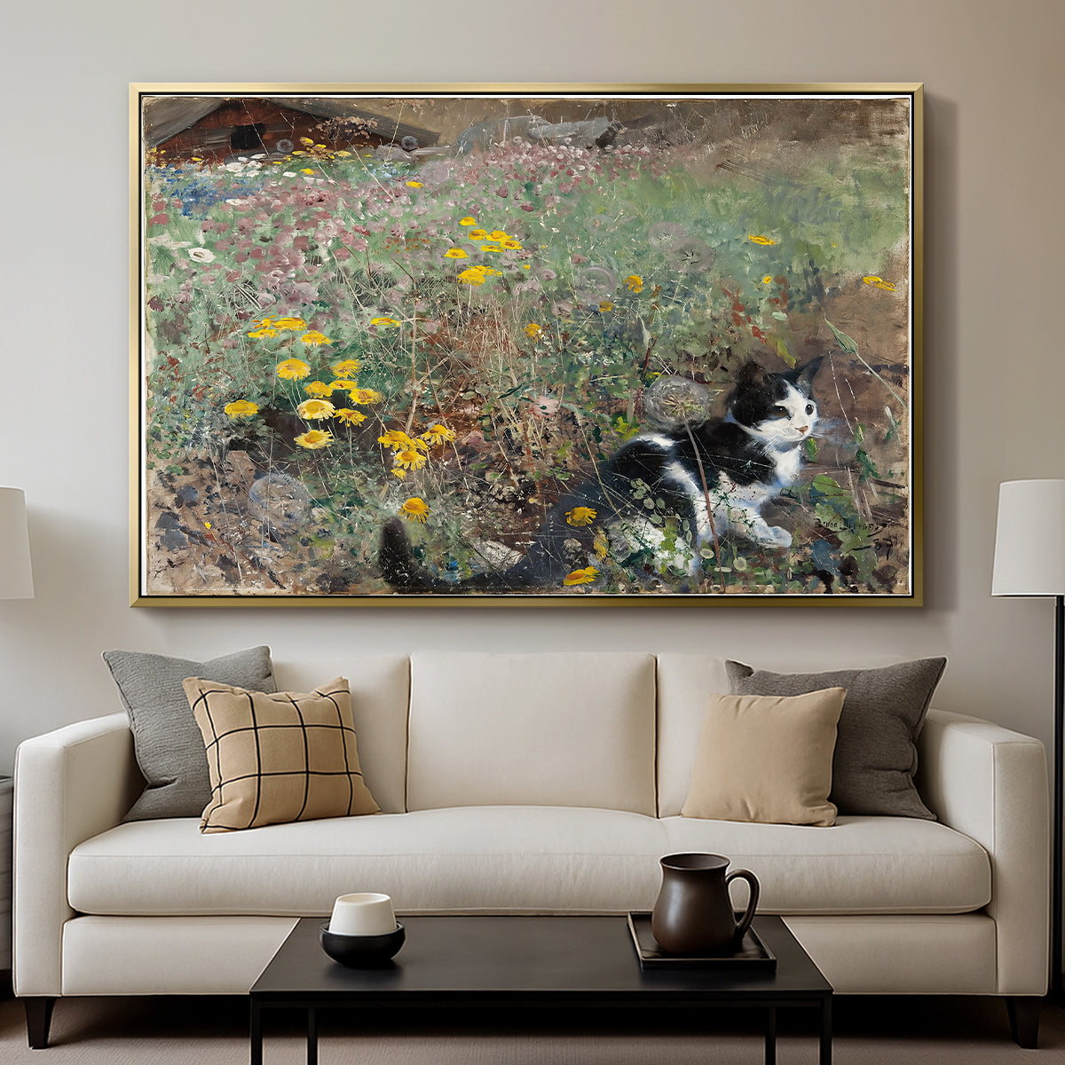 Cat on a Flowery Meadow, 1887 by Bruno Liljefors displayed in a gold floater framed canvas above a sofa in a clean living room.