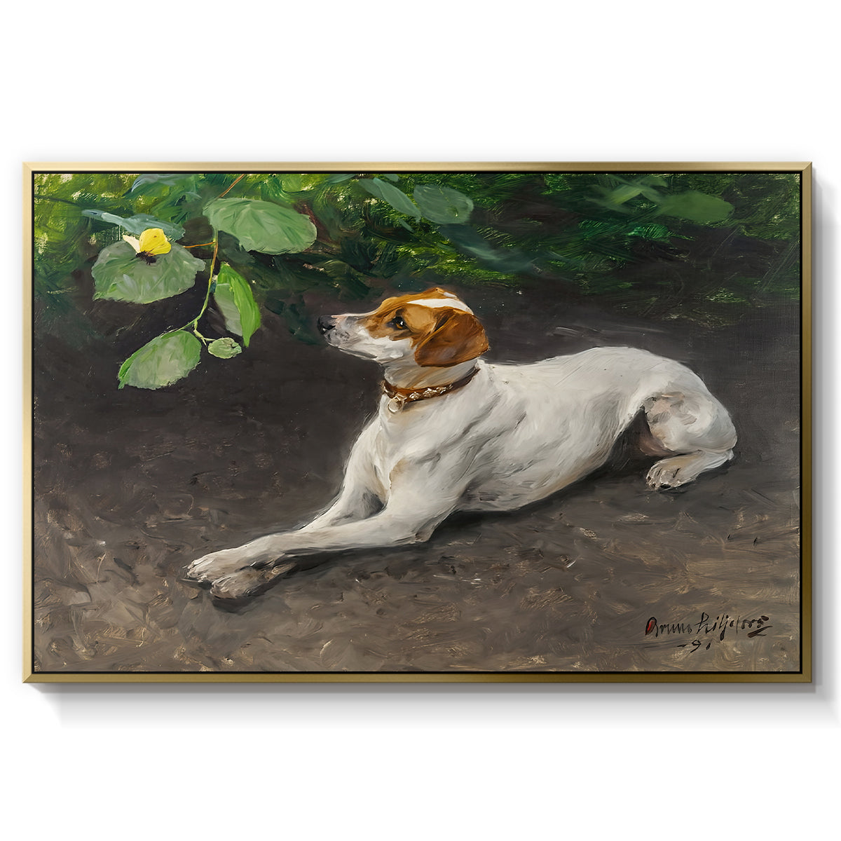 Portrait of a Dog, 1891 by Bruno Liljefors in a gold floater framed canvas wall art display.