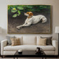 Portrait of a Dog, 1891 by Bruno Liljefors displayed in a gold floater framed canvas above a sofa in a clean living room.