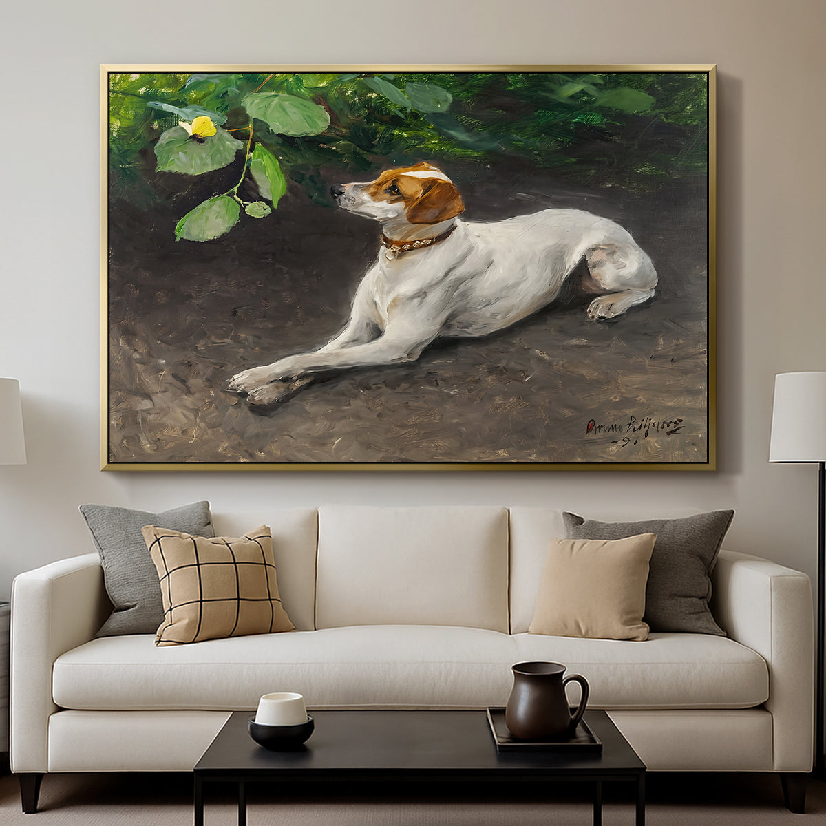 Portrait of a Dog, 1891 by Bruno Liljefors displayed in a gold floater framed canvas above a sofa in a clean living room.