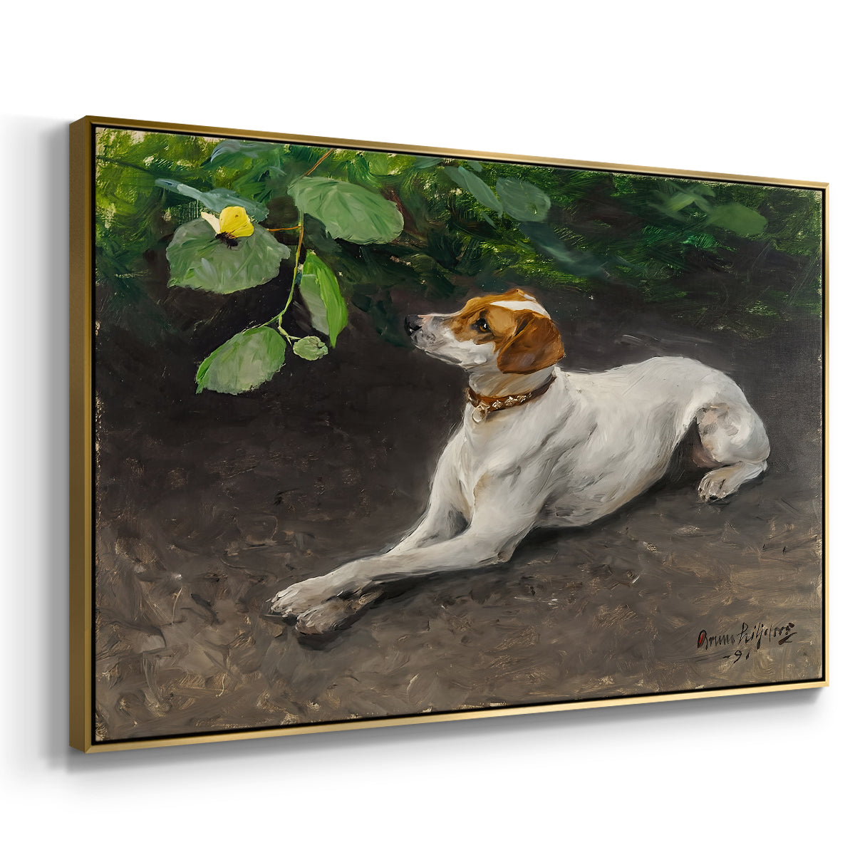 Angled view of Portrait of a Dog, 1891 by Bruno Liljefors in a gold floater framed canvas.