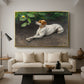Portrait of a Dog, 1891 by Bruno Liljefors as a gold floater framed canvas featuring a dog lying on ground with head raised in natural outdoor setting, displayed above a sofa in a modern living room.