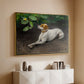 Gold floater framed canvas of Portrait of a Dog, 1891 by Bruno Liljefors, featuring a realistic portrait of a resting dog with attentive expression above a console cabinet in a minimalist entryway.