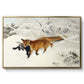 Fox in Snow Landscape, 1900 by Bruno Liljefors in a gold floater framed canvas wall art display.