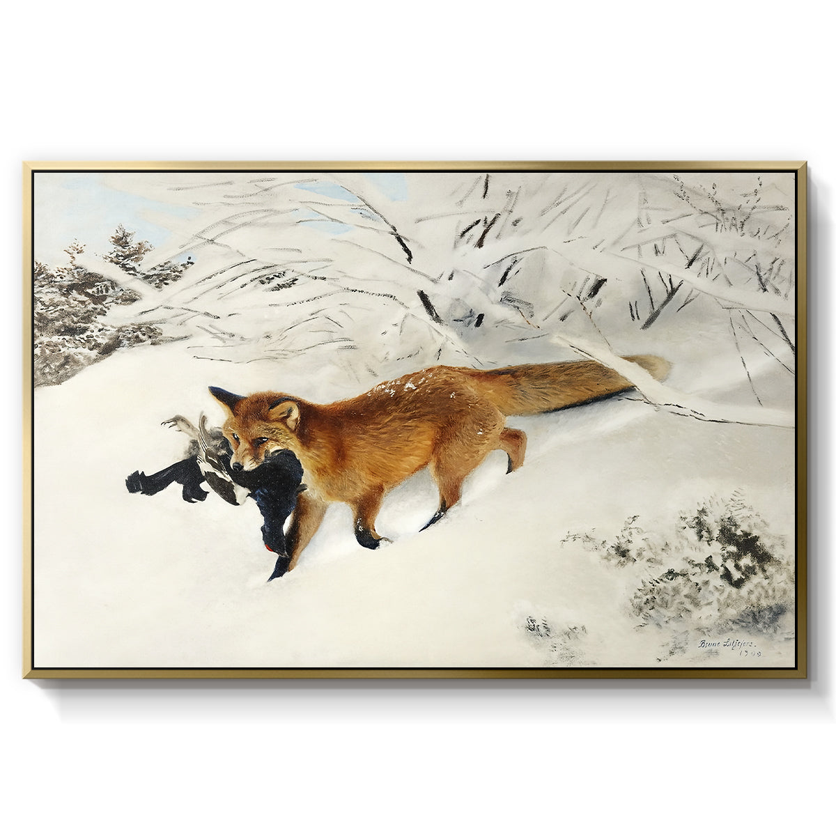 Fox in Snow Landscape, 1900 by Bruno Liljefors in a gold floater framed canvas wall art display.