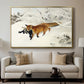 Fox in Snow Landscape, 1900 by Bruno Liljefors displayed in a gold floater framed canvas above a sofa in a clean living room.