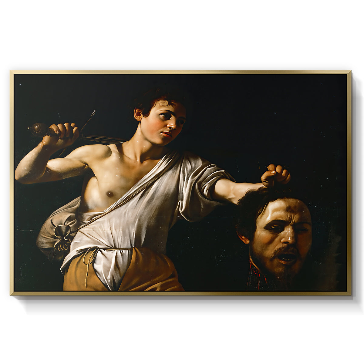 David with the Head of Goliath (Vienna Version), c. 1607 by Caravaggio in a gold floater framed canvas wall art display.