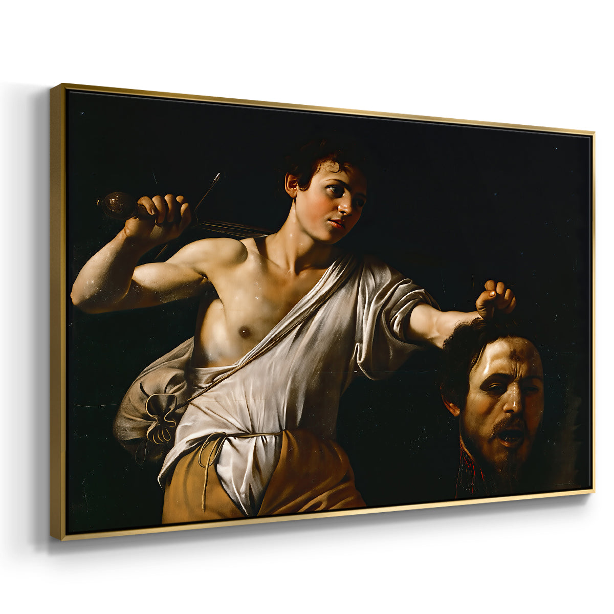 Angled view of David with the Head of Goliath (Vienna Version), c. 1607 by Caravaggio in a gold floater framed canvas.