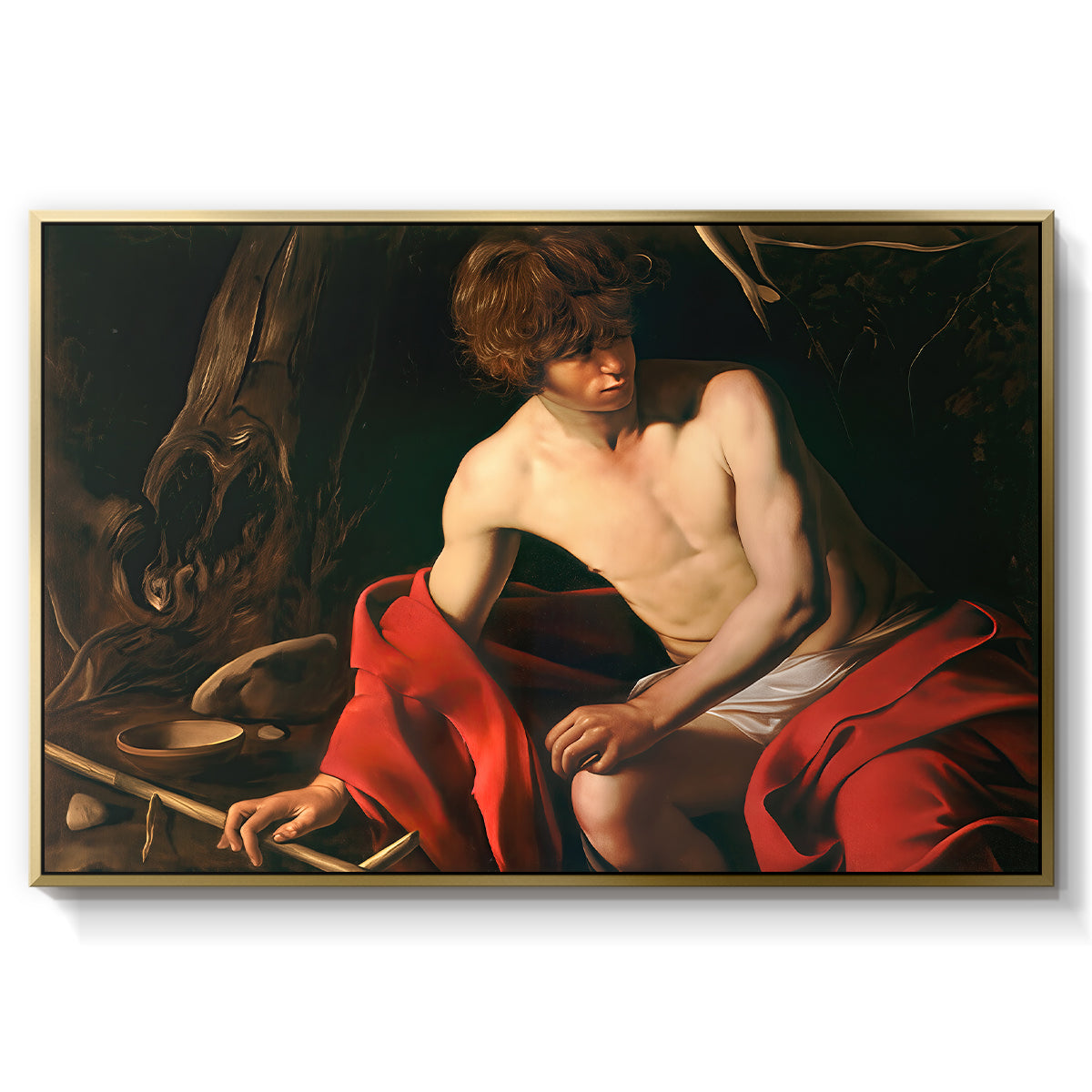 Saint John the Baptist in the Wilderness, c. 1603-1604 by Caravaggio in a gold floater framed canvas wall art display.