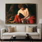 Saint John the Baptist in the Wilderness, c. 1603-1604 by Caravaggio displayed in a gold floater framed canvas above a sofa in a clean living room.