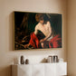 Gold floater framed canvas of Saint John the Baptist in the Wilderness, c. 1603-1604 by Caravaggio, featuring a solitary figure of Saint John resting in natural setting with soft light above a console cabinet in a minimalist entryway.