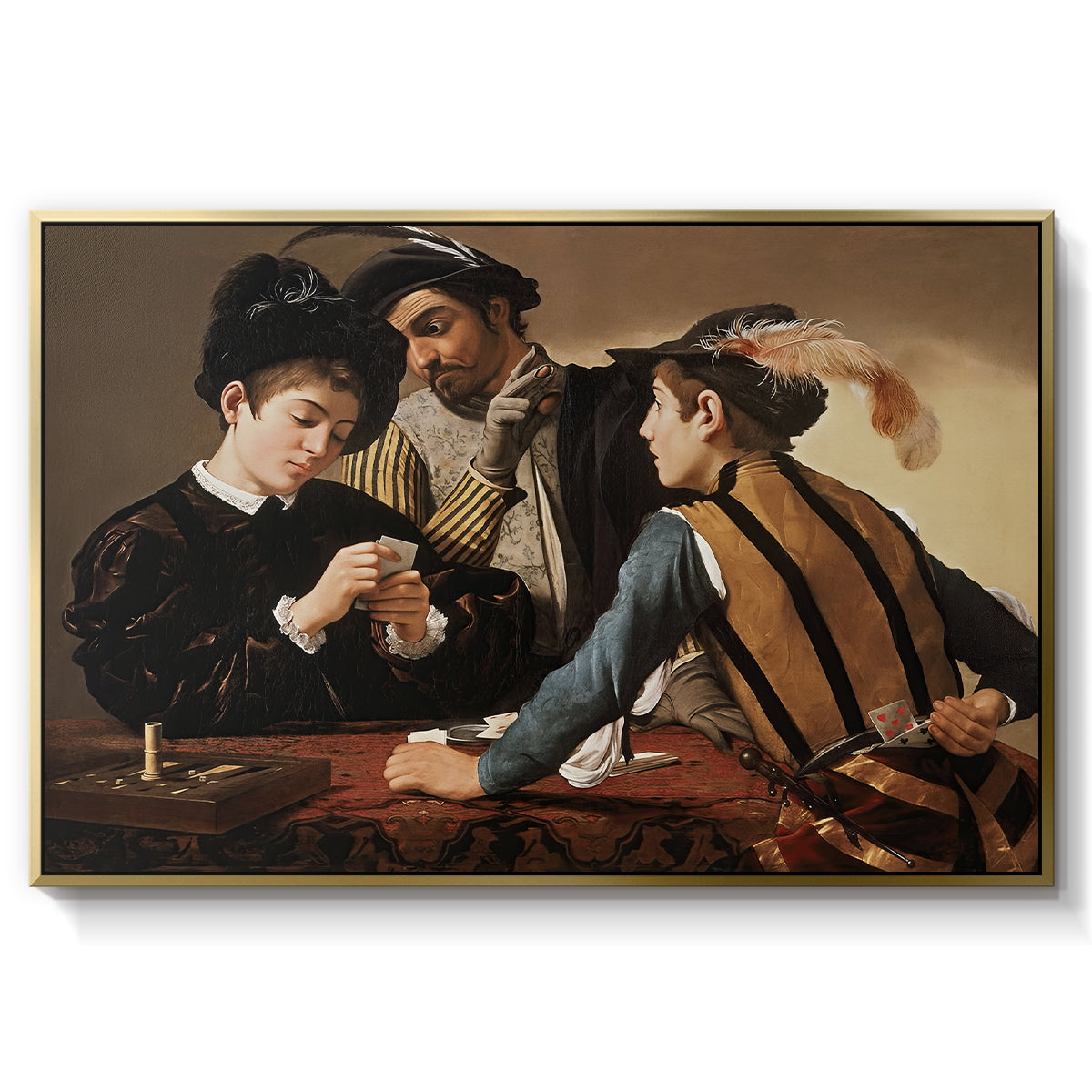 The Cardsharps, c. 1594 by Caravaggio in a gold floater framed canvas wall art display.