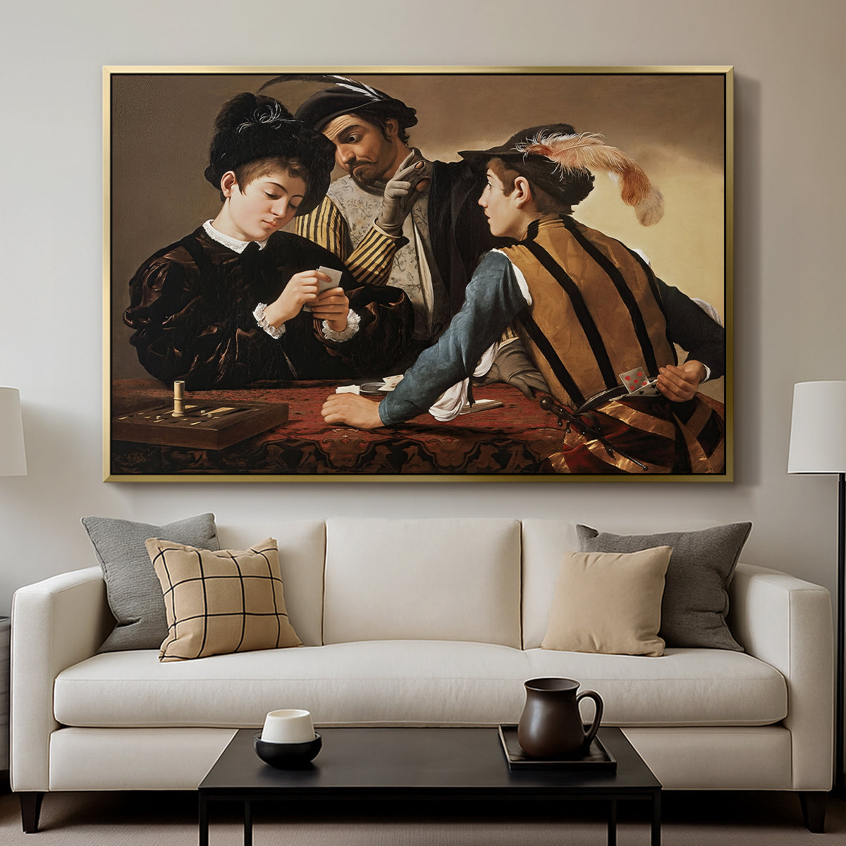 The Cardsharps, c. 1594 by Caravaggio displayed in a gold floater framed canvas above a sofa in a clean living room.
