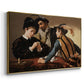 Angled view of The Cardsharps, c. 1594 by Caravaggio in a gold floater framed canvas.