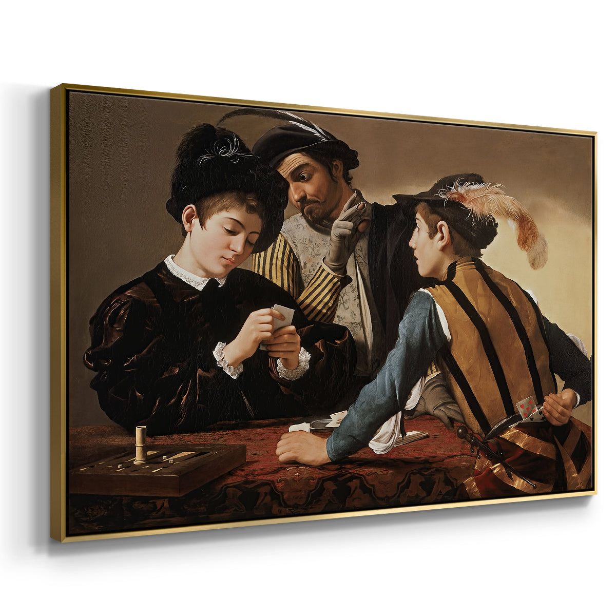 Angled view of The Cardsharps, c. 1594 by Caravaggio in a gold floater framed canvas.