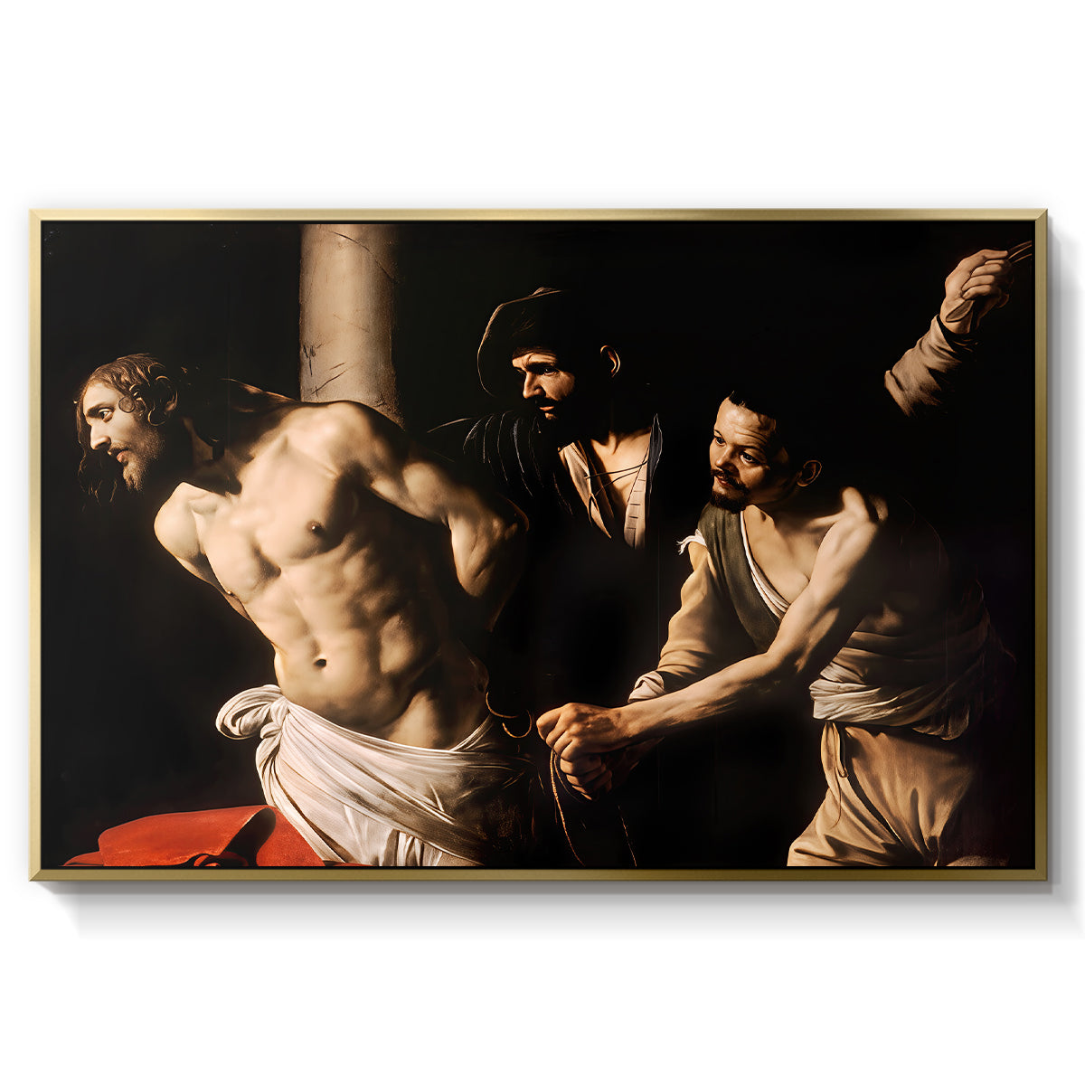 The Flagellation of Christ at the Column (Rouen Version), 1606 by Caravaggio in a gold floater framed canvas wall art display.
