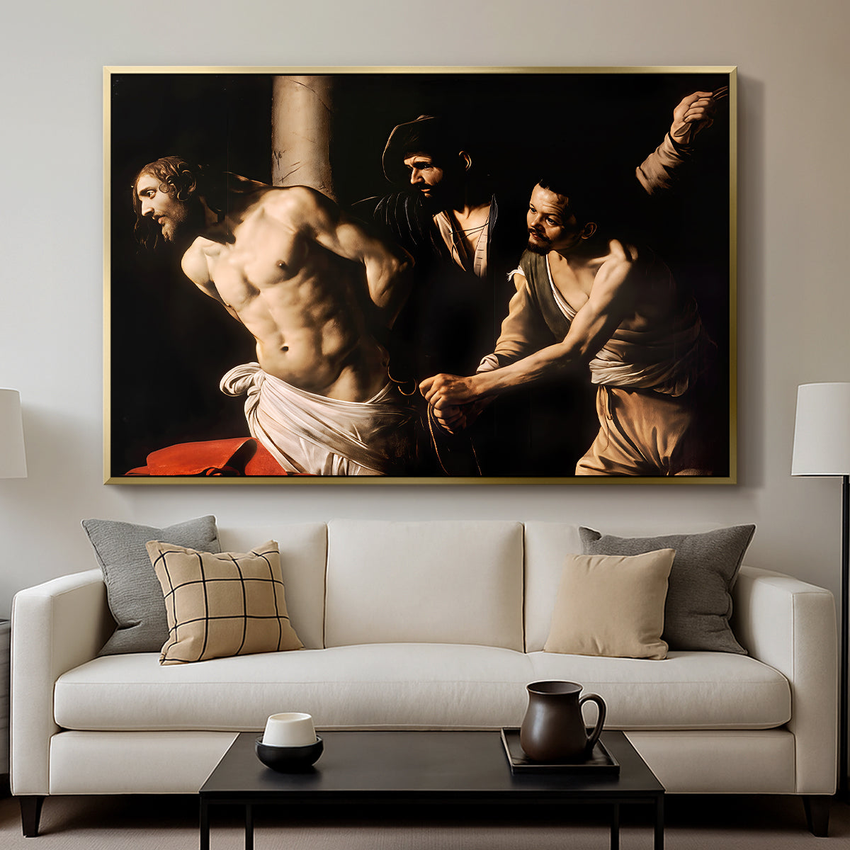 The Flagellation of Christ at the Column (Rouen Version), 1606 by Caravaggio displayed in a gold floater framed canvas above a sofa in a clean living room.