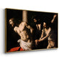 Angled view of The Flagellation of Christ at the Column (Rouen Version), 1606 by Caravaggio in a gold floater framed canvas.