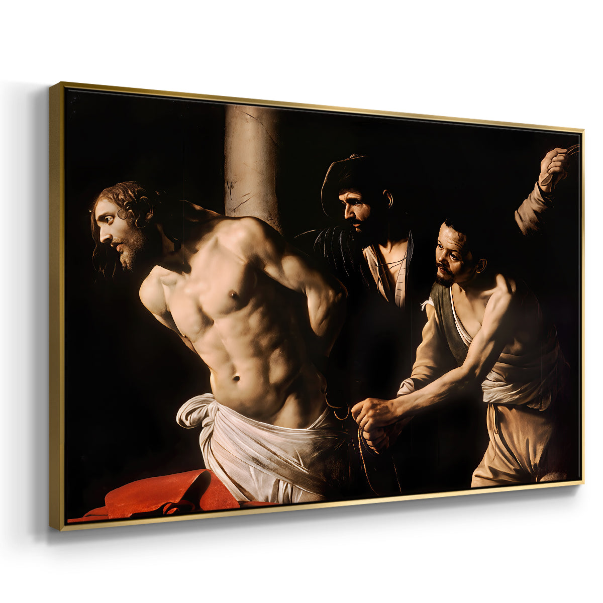 Angled view of The Flagellation of Christ at the Column (Rouen Version), 1606 by Caravaggio in a gold floater framed canvas.