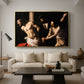 The Flagellation of Christ at the Column (Rouen Version), 1606 by Caravaggio as a gold floater framed canvas featuring Christ bound to column while being whipped by surrounding figures, displayed above a sofa in a modern living room.