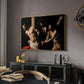 The Flagellation of Christ at the Column (Rouen Version), 1606 by Caravaggio in a gold floater framed canvas featuring a biblical depiction of men whipping Christ tied to pillar, displayed above a desk in a dark home office interior.
