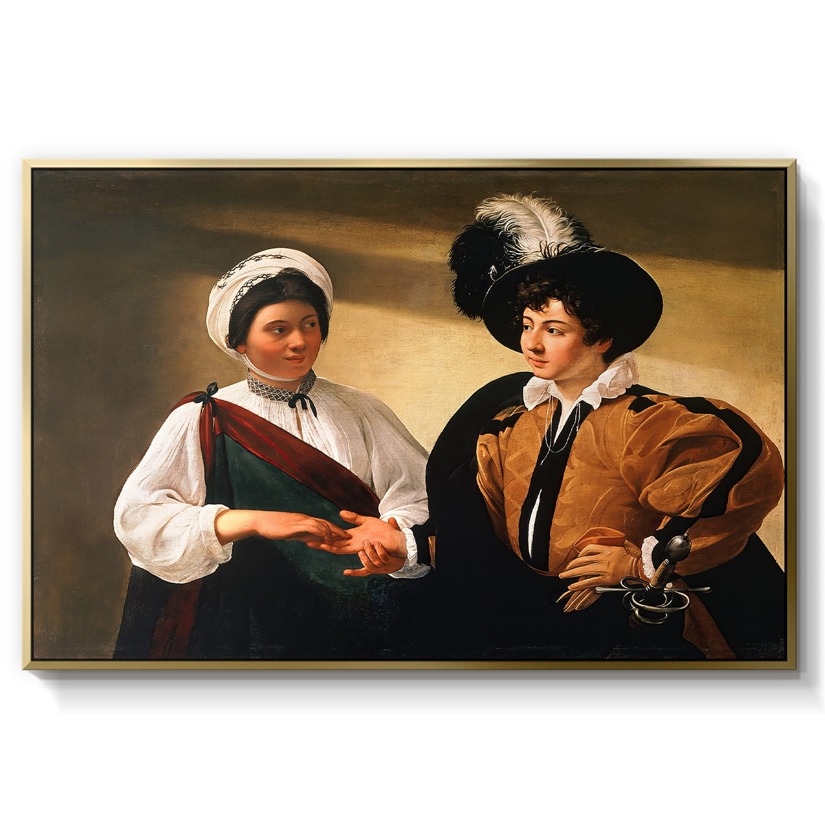 The Fortune Teller (Louvre Version), c. 1595 by Caravaggio in a gold floater framed canvas wall art display.