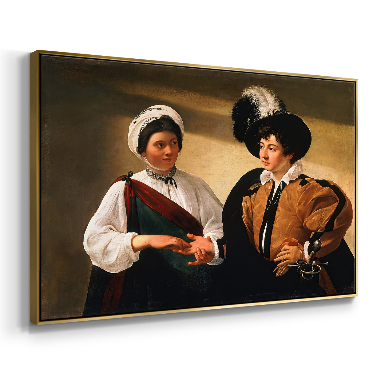 Angled view of The Fortune Teller (Louvre Version), c. 1595 by Caravaggio in a gold floater framed canvas.