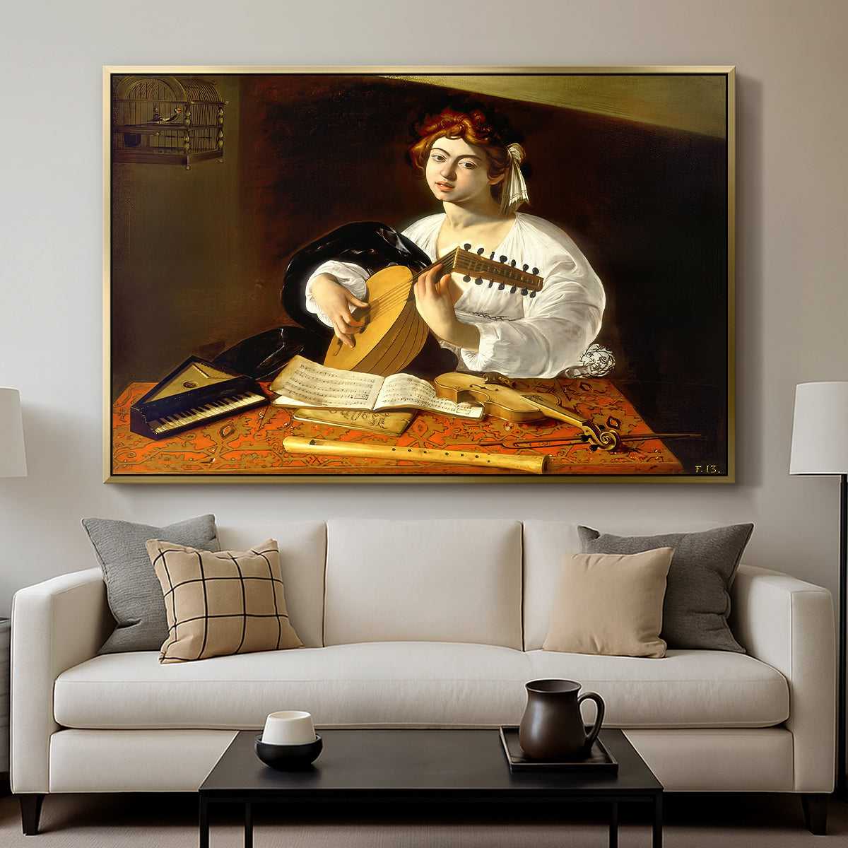 The Lute Player (Wildenstein Version), c. 1596 by Caravaggio displayed in a gold floater framed canvas above a sofa in a clean living room.