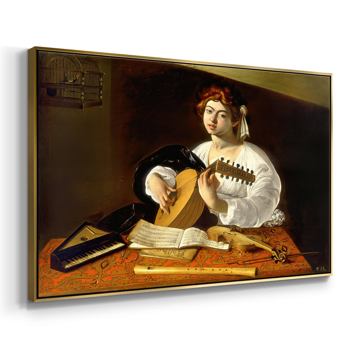 Angled view of The Lute Player (Wildenstein Version), c. 1596 by Caravaggio in a gold floater framed canvas.
