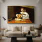 The Lute Player (Wildenstein Version), c. 1596 by Caravaggio as a gold floater framed canvas featuring a young man playing lute surrounded by sheet music and still life objects, displayed above a sofa in a modern living room.