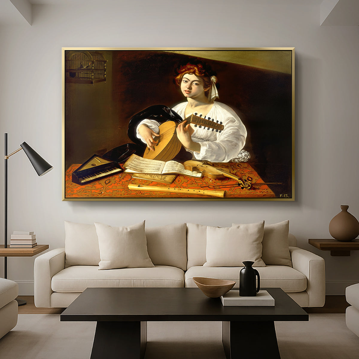 The Lute Player (Wildenstein Version), c. 1596 by Caravaggio as a gold floater framed canvas featuring a young man playing lute surrounded by sheet music and still life objects, displayed above a sofa in a modern living room.