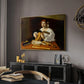 The Lute Player (Wildenstein Version), c. 1596 by Caravaggio in a gold floater framed canvas featuring a detailed scene of youth playing string instrument with fruit and flowers nearby, displayed above a desk in a dark home office interior.