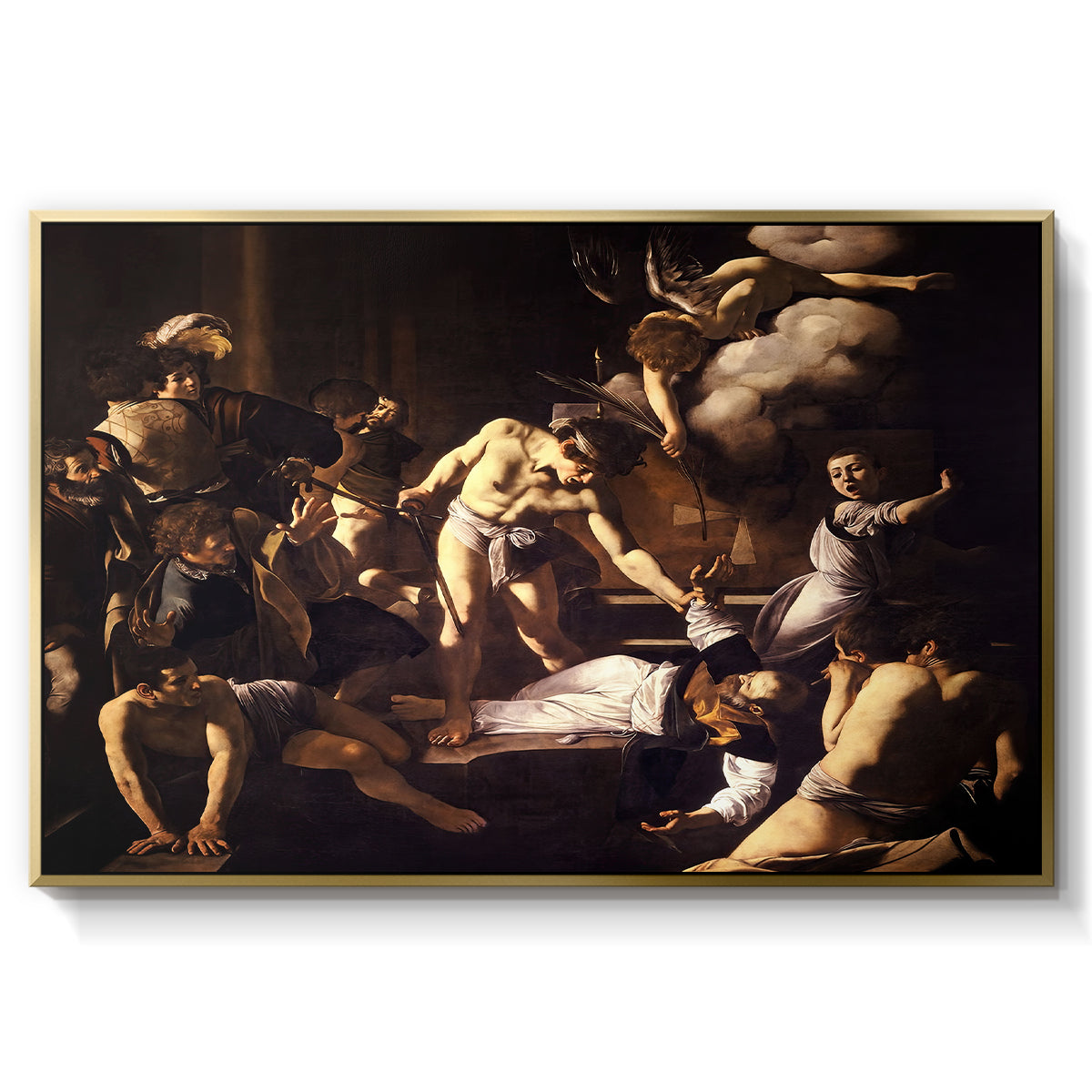 The Martyrdom of Saint Matthew, 1599-1600 by Caravaggio in a gold floater framed canvas wall art display.