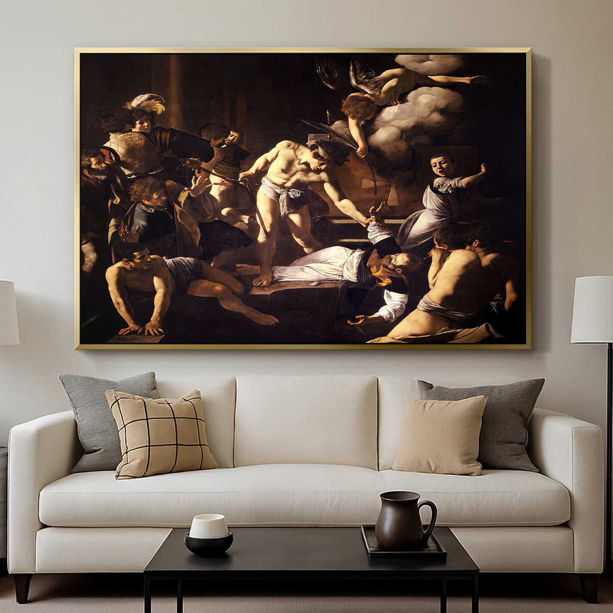 The Martyrdom of Saint Matthew, 1599-1600 by Caravaggio displayed in a gold floater framed canvas above a sofa in a clean living room.