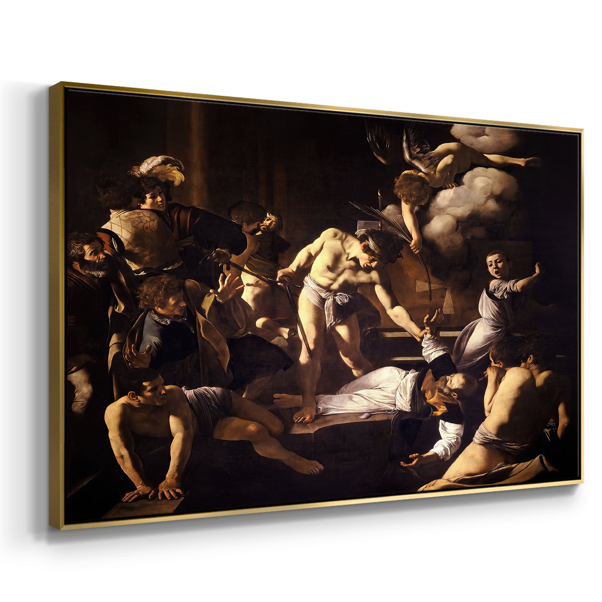 Angled view of The Martyrdom of Saint Matthew, 1599-1600 by Caravaggio in a gold floater framed canvas.