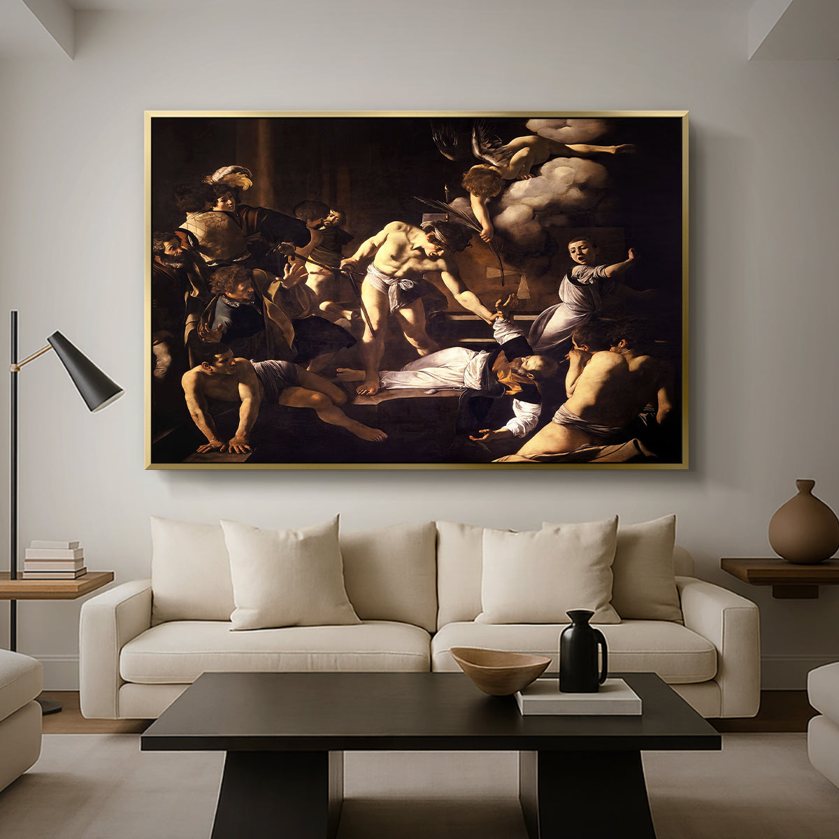 The Martyrdom of Saint Matthew, 1599-1600 by Caravaggio as a gold floater framed canvas featuring a chaotic scene of Saint Matthew being attacked by executioner in church, displayed above a sofa in a modern living room.